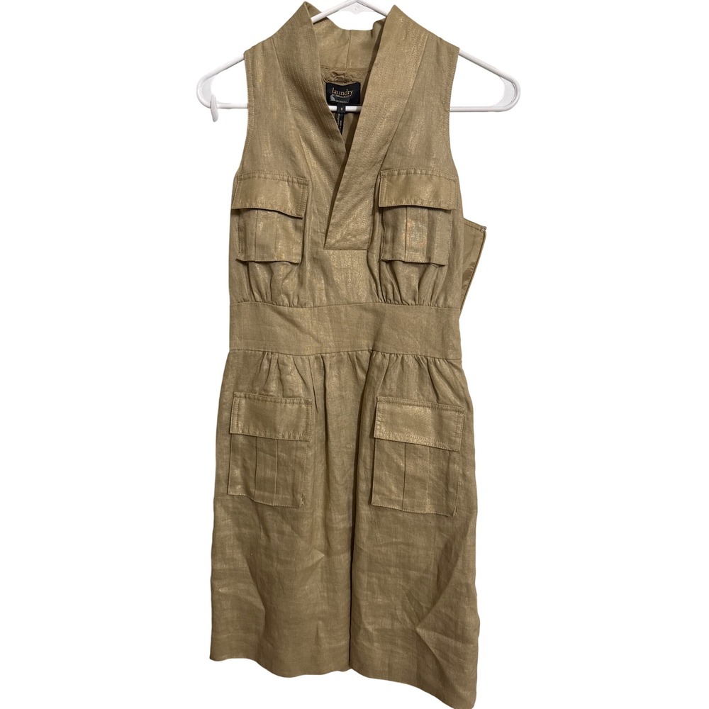 Laundry by Shelli Segal Gold Metallic Linen Safari Utility Dress Size 0